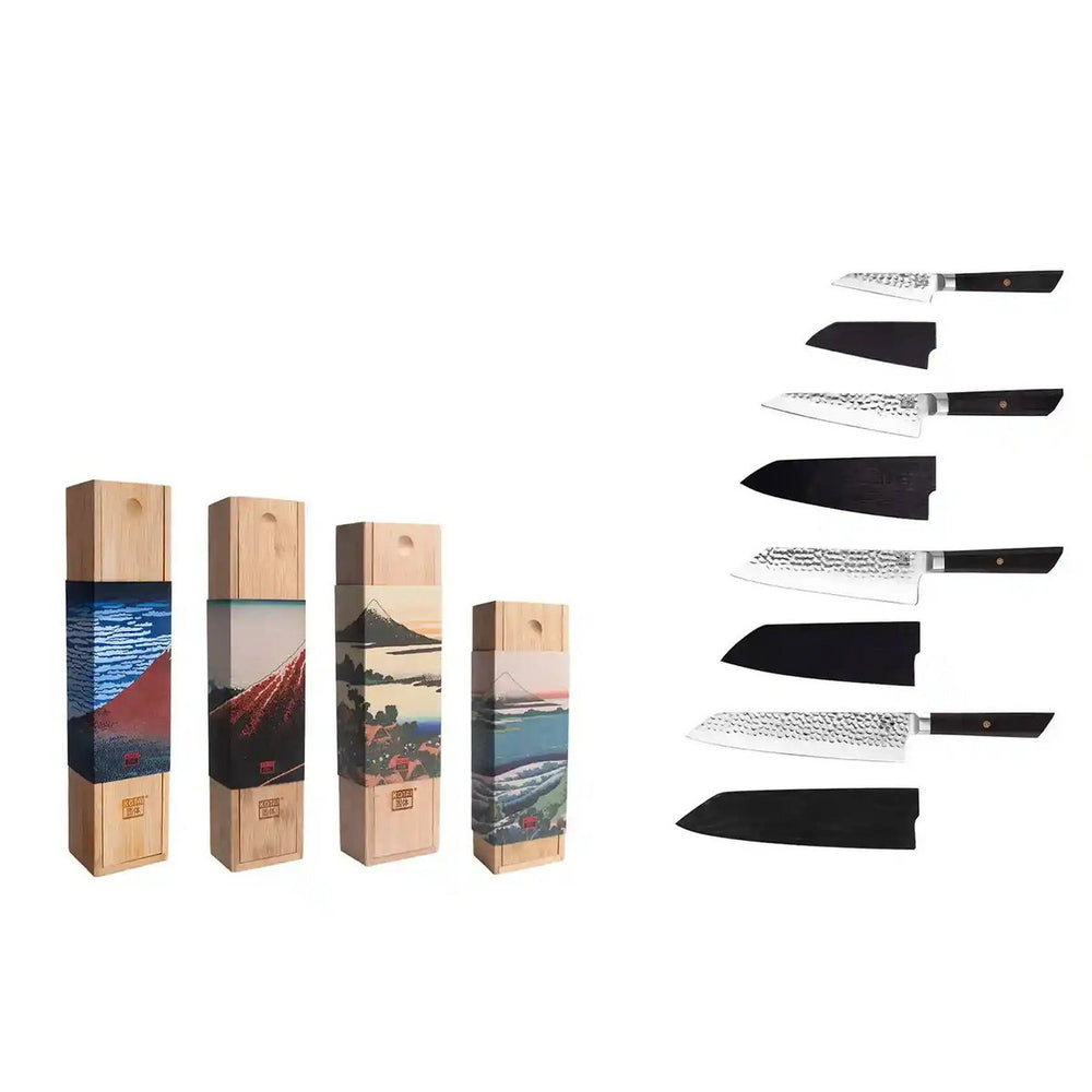 
                  
                    Messenset - De Bunka Complete Set: 4 messen (Bunka Schilmes 90 mm + Bunka Petty 135 mm + Bunka Santoku 170 mm + Kiritsuke 210 mm) - elk mes wordt geleverd met zijn bamboedoos en zijn magnetische saya - Collection200
                  
                